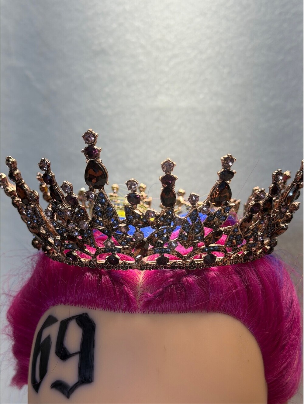 Rose Gold Tone Purple Crystal Tiara Crown Costume Jewelry E-7